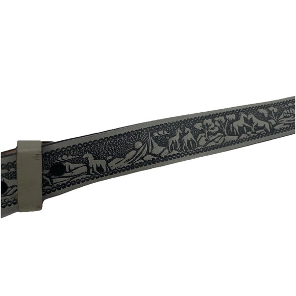 VTG 70s Tooled Leather Belt Western Horse Mountains Sunrise Cowboy Name Julio - Picture 2 of 12